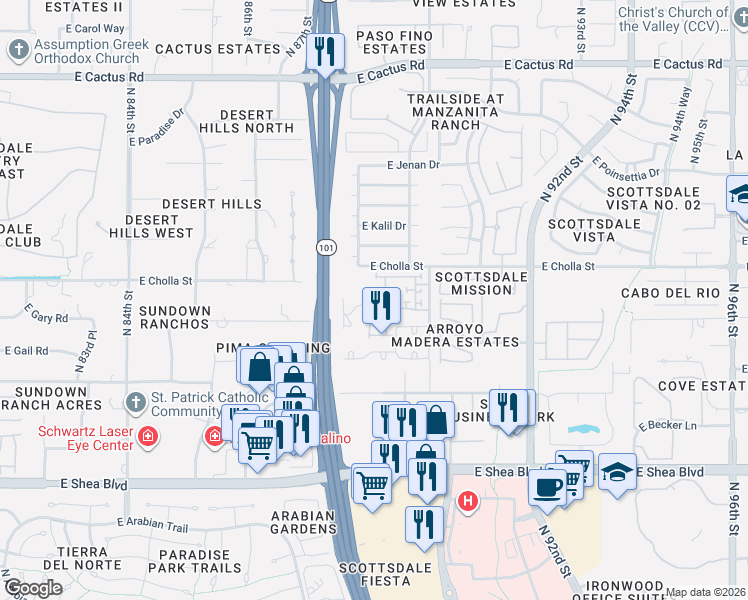 map of restaurants, bars, coffee shops, grocery stores, and more near 8874 East Gail Road in Scottsdale