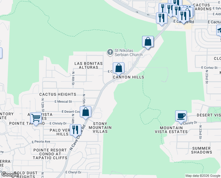 map of restaurants, bars, coffee shops, grocery stores, and more near 11049 North Cave Creek Road in Phoenix