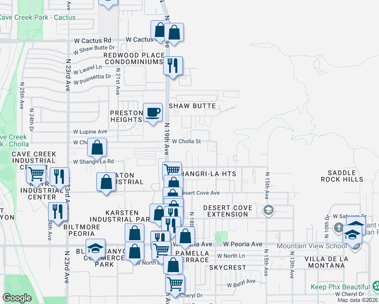 map of restaurants, bars, coffee shops, grocery stores, and more near 11213 North 18th Drive in Phoenix