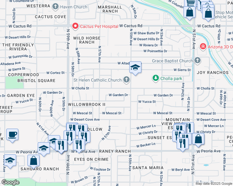 map of restaurants, bars, coffee shops, grocery stores, and more near 5534 West Yucca Street in Glendale