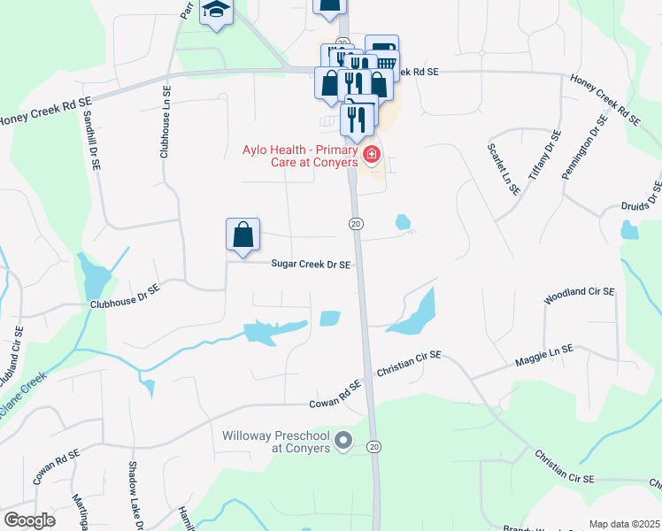 map of restaurants, bars, coffee shops, grocery stores, and more near 3813 Georgia 20 in Conyers