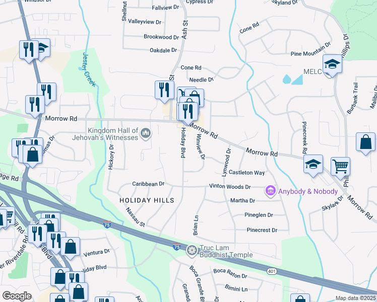 map of restaurants, bars, coffee shops, grocery stores, and more near 6072 Holiday Boulevard in Forest Park