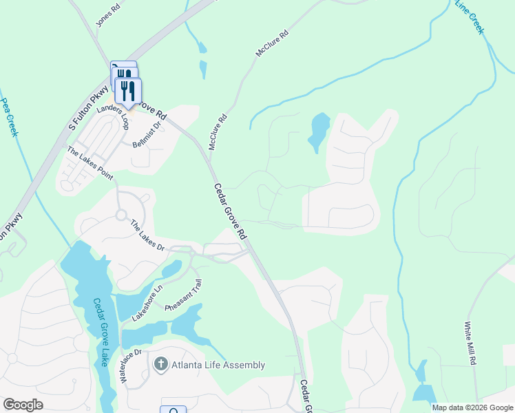 map of restaurants, bars, coffee shops, grocery stores, and more near 7579 Waverly Loop in Fairburn