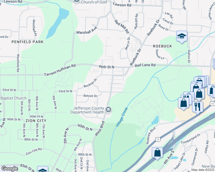 map of restaurants, bars, coffee shops, grocery stores, and more near 128 93rd Street North in Birmingham