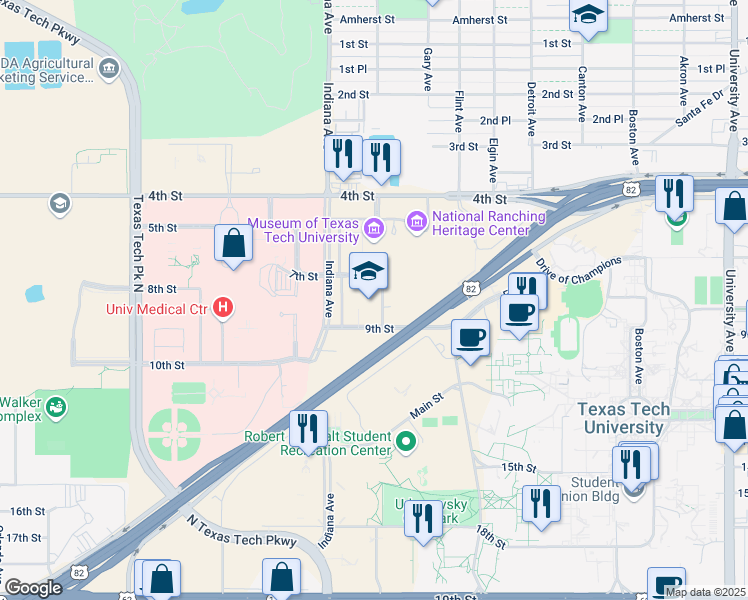 map of restaurants, bars, coffee shops, grocery stores, and more near 2500 Broadway in Lubbock