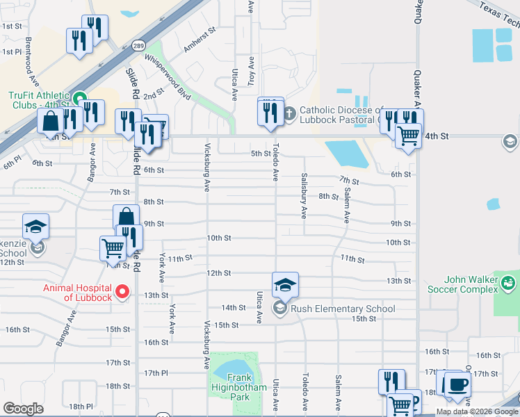 map of restaurants, bars, coffee shops, grocery stores, and more near 4804 9th Street in Lubbock
