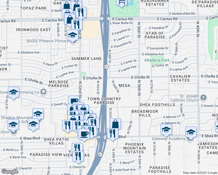 map of restaurants, bars, coffee shops, grocery stores, and more near 3333 East Shangri-La Road in Phoenix