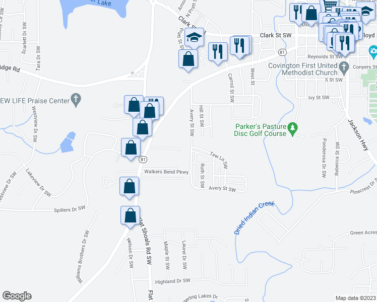 map of restaurants, bars, coffee shops, grocery stores, and more near 6112 Avery Street Southwest in Covington