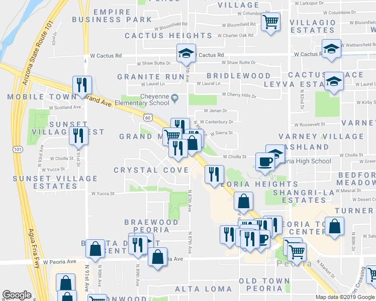 map of restaurants, bars, coffee shops, grocery stores, and more near 8737 NW Grand Ave in Peoria