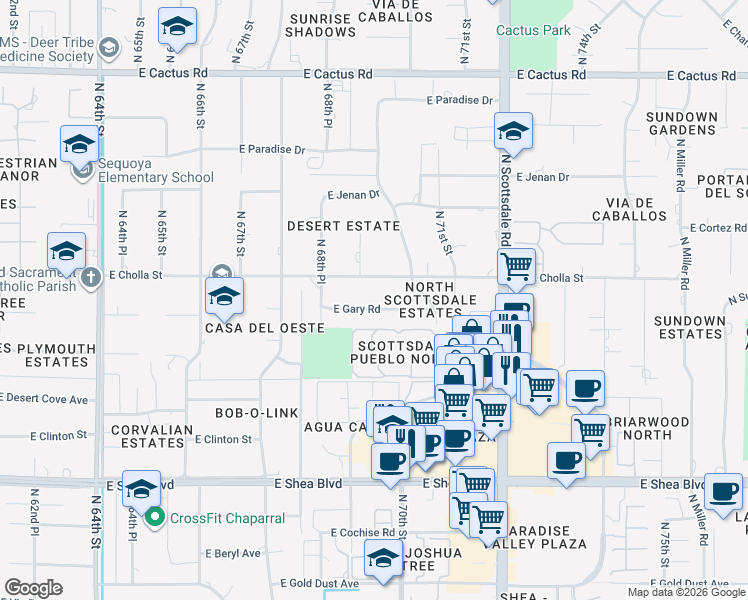 map of restaurants, bars, coffee shops, grocery stores, and more near 6915 East Gary Road in Scottsdale