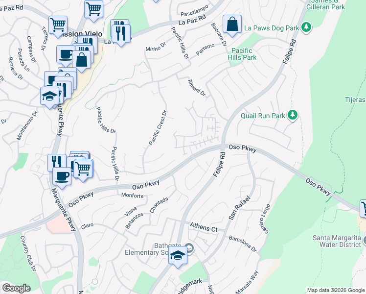 map of restaurants, bars, coffee shops, grocery stores, and more near 27541 Glenwood Drive in Mission Viejo