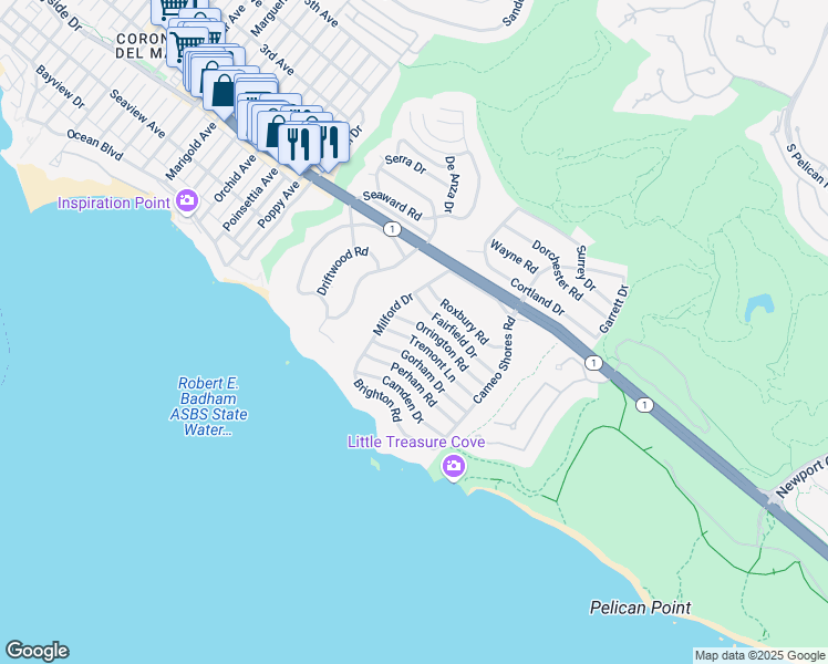 map of restaurants, bars, coffee shops, grocery stores, and more near 4521 Orrington Road in Newport Beach