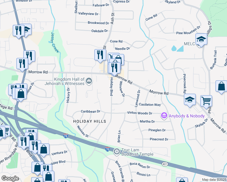 map of restaurants, bars, coffee shops, grocery stores, and more near 6072 Holiday Boulevard in Forest Park