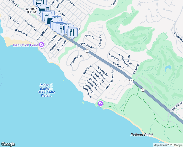 map of restaurants, bars, coffee shops, grocery stores, and more near 4521 Orrington Road in Newport Beach