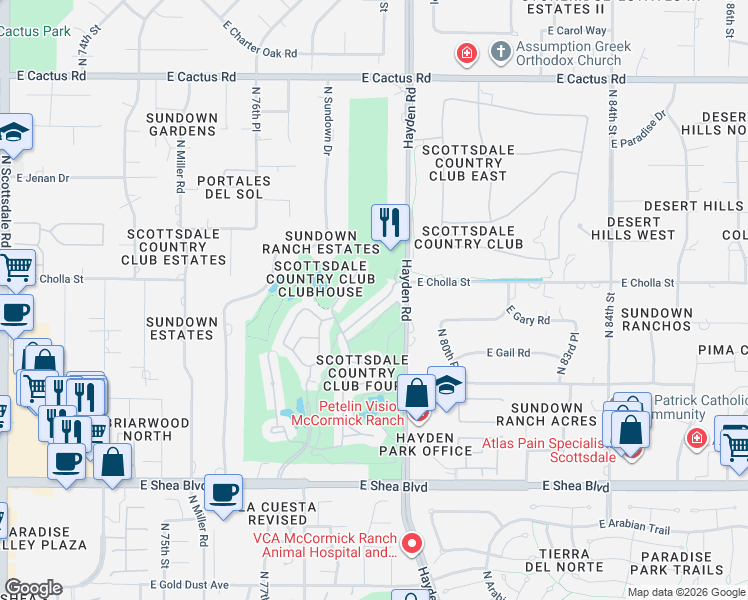 map of restaurants, bars, coffee shops, grocery stores, and more near 7958 East Cholla Street in Scottsdale