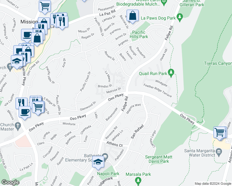 map of restaurants, bars, coffee shops, grocery stores, and more near 41 Melrose Drive in Mission Viejo