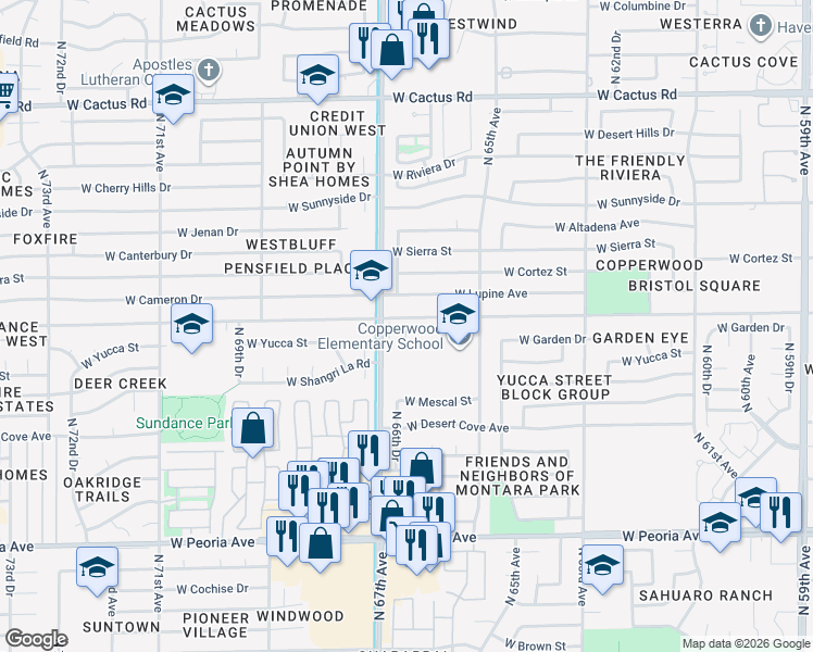 map of restaurants, bars, coffee shops, grocery stores, and more near 6625 West Cholla Street in Glendale