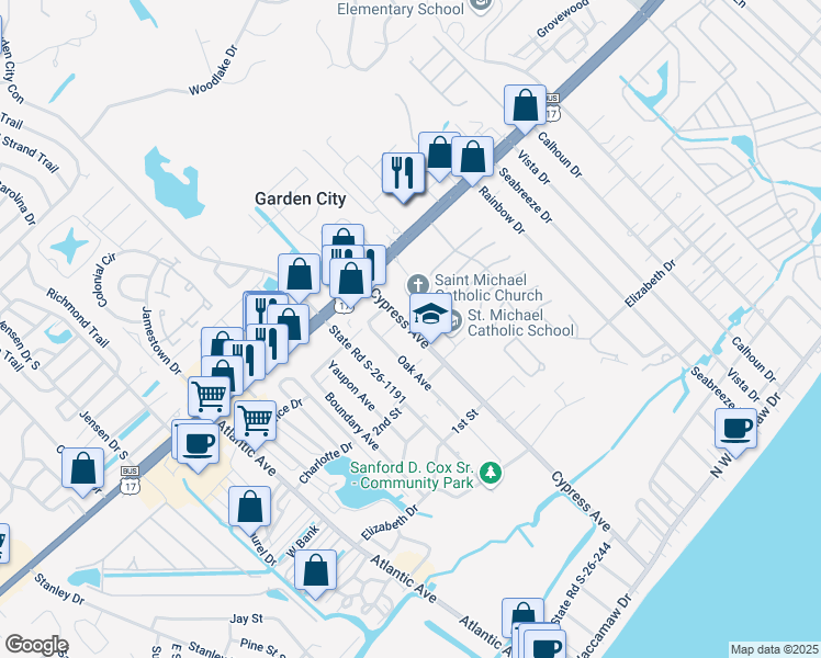 map of restaurants, bars, coffee shops, grocery stores, and more near 546 Oak Avenue in Murrells Inlet