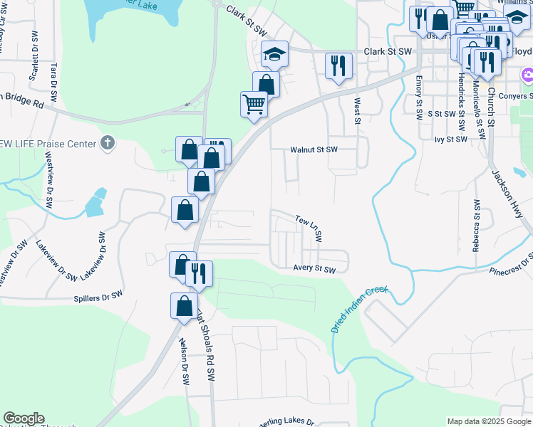 map of restaurants, bars, coffee shops, grocery stores, and more near 6110 Avery Street Southwest in Covington