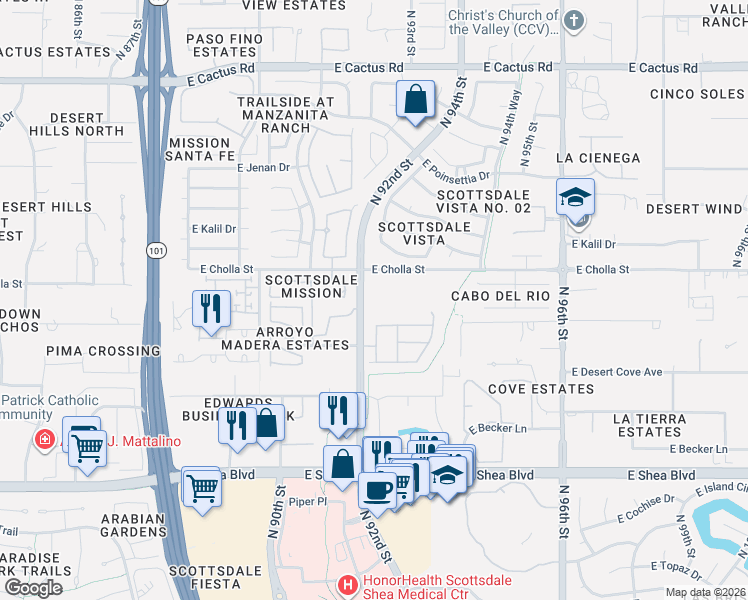 map of restaurants, bars, coffee shops, grocery stores, and more near 11011 North 92nd Street in Scottsdale