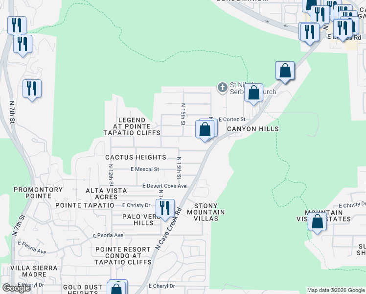 map of restaurants, bars, coffee shops, grocery stores, and more near 1524 East Shangri La Road in Phoenix