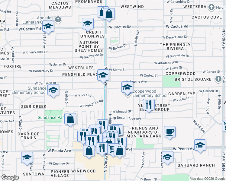 map of restaurants, bars, coffee shops, grocery stores, and more near 6625 West Cholla Street in Glendale