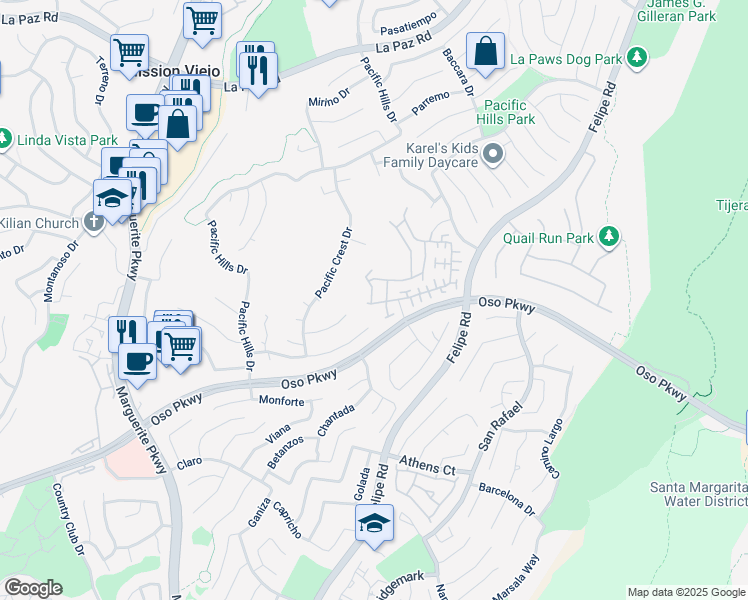 map of restaurants, bars, coffee shops, grocery stores, and more near 27541 Glenwood Drive in Mission Viejo