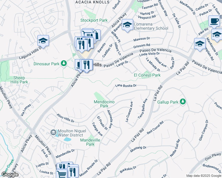 map of restaurants, bars, coffee shops, grocery stores, and more near 25802 La Serra in Laguna Hills