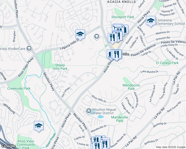 map of restaurants, bars, coffee shops, grocery stores, and more near 25742 Via Lomas in Laguna Hills