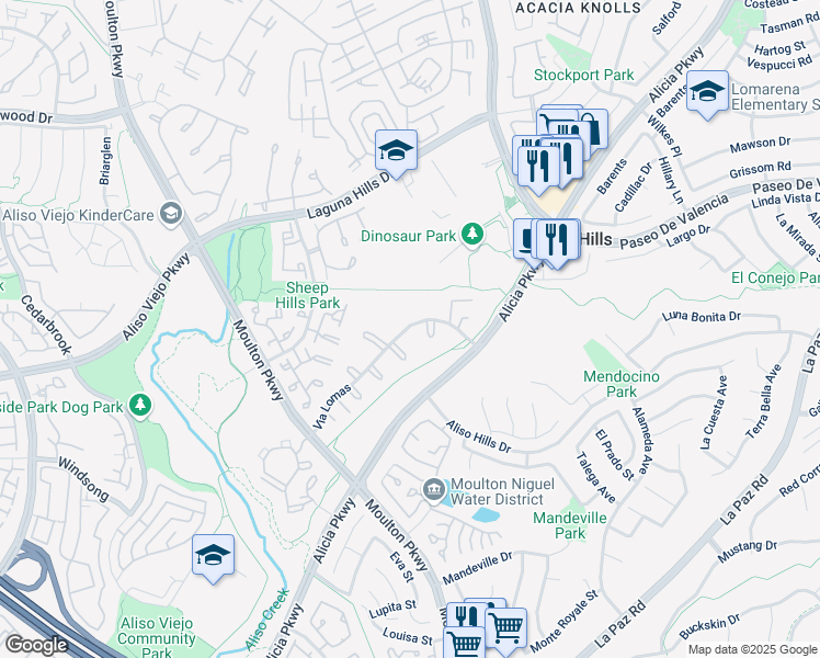 map of restaurants, bars, coffee shops, grocery stores, and more near 25782 Via Lomas in Laguna Hills