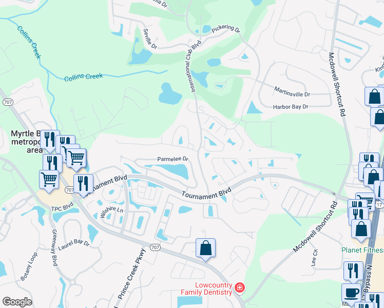 map of restaurants, bars, coffee shops, grocery stores, and more near 152 Parmelee Drive in Murrells Inlet