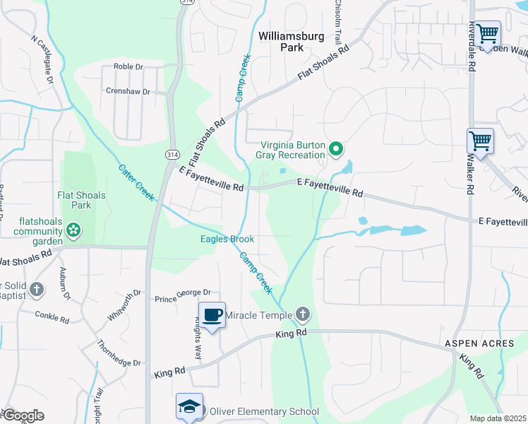 map of restaurants, bars, coffee shops, grocery stores, and more near 6120 East Fayetteville Drive in Riverdale