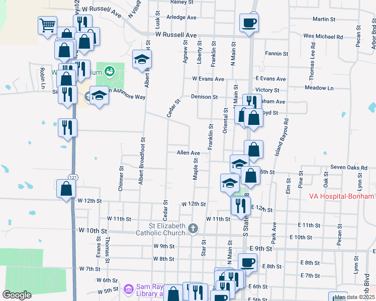 map of restaurants, bars, coffee shops, grocery stores, and more near 505 Allen Avenue in Bonham