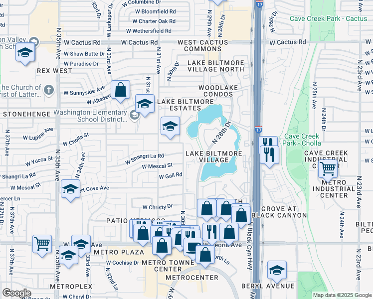 map of restaurants, bars, coffee shops, grocery stores, and more near 3002 West Mescal Street in Phoenix