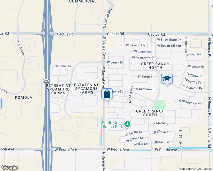 map of restaurants, bars, coffee shops, grocery stores, and more near 11490 North 162nd Lane in Surprise
