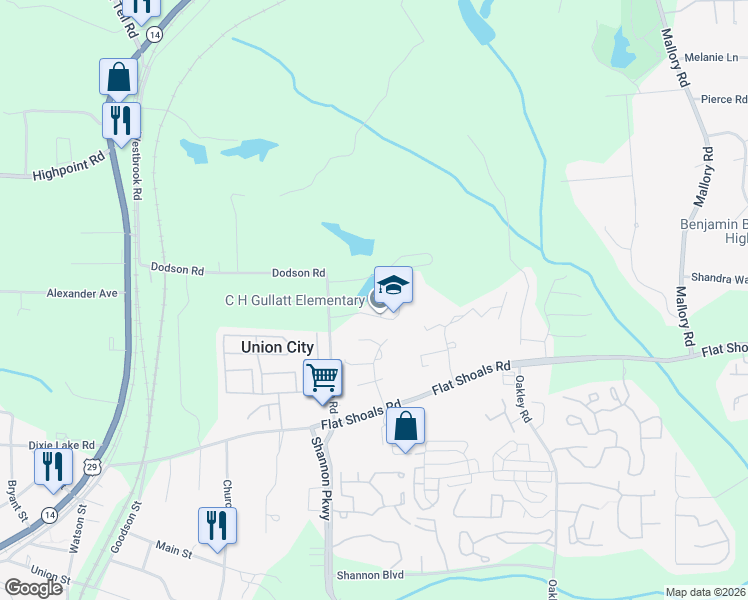map of restaurants, bars, coffee shops, grocery stores, and more near 6110 Dodson Road in Union City