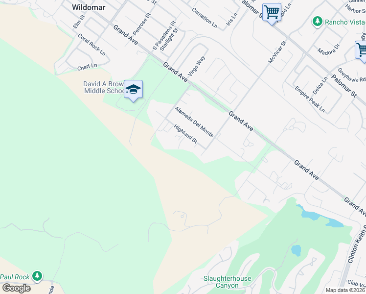 map of restaurants, bars, coffee shops, grocery stores, and more near 22053 Highland Street in Wildomar