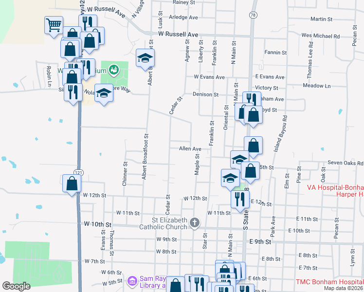 map of restaurants, bars, coffee shops, grocery stores, and more near 505 Allen Avenue in Bonham