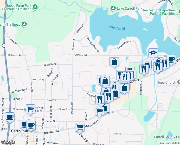 map of restaurants, bars, coffee shops, grocery stores, and more near 128 Ashgate Way in Carrollton