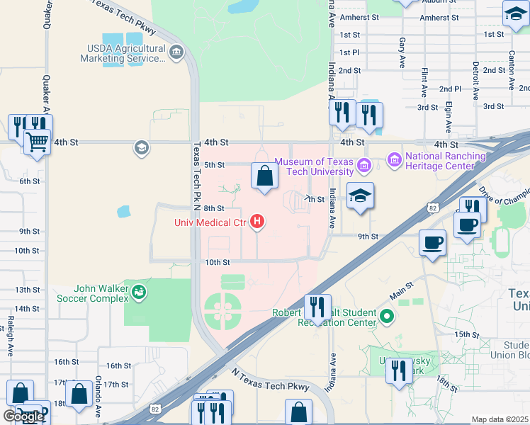 map of restaurants, bars, coffee shops, grocery stores, and more near 3601 4th Street in Lubbock