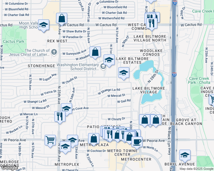 map of restaurants, bars, coffee shops, grocery stores, and more near 3123 West Cholla Street in Phoenix