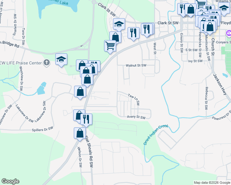 map of restaurants, bars, coffee shops, grocery stores, and more near 6108 Avery Street Southwest in Covington