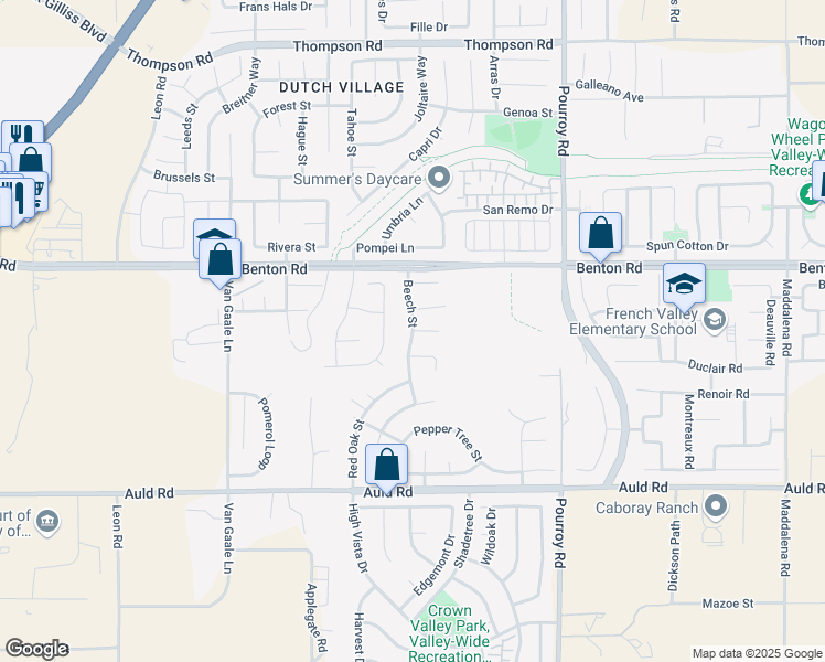 map of restaurants, bars, coffee shops, grocery stores, and more near Beech Street in French Valley