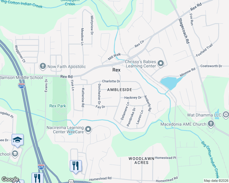 map of restaurants, bars, coffee shops, grocery stores, and more near 6035 Amberly Road in Rex