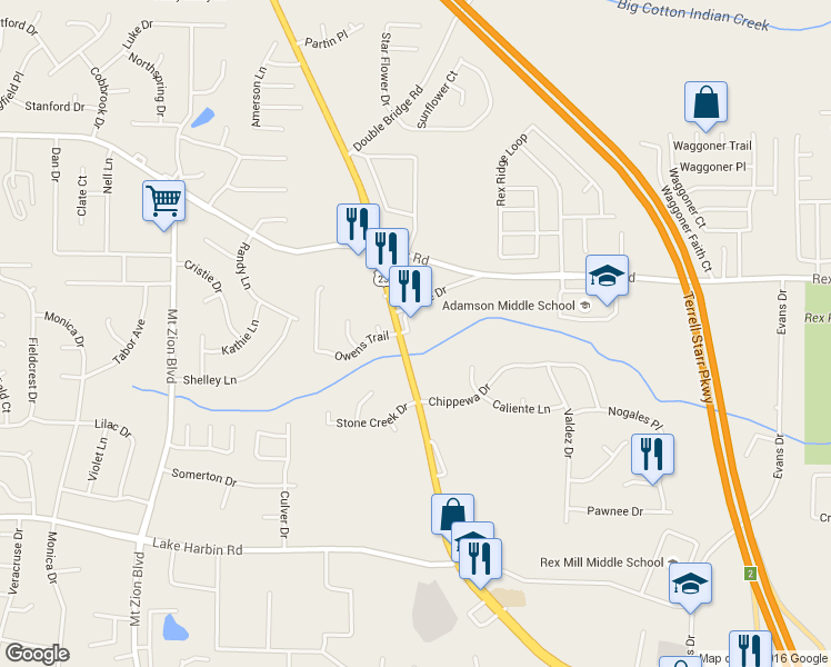 map of restaurants, bars, coffee shops, grocery stores, and more near 6080 Hwy 42 in Clayton