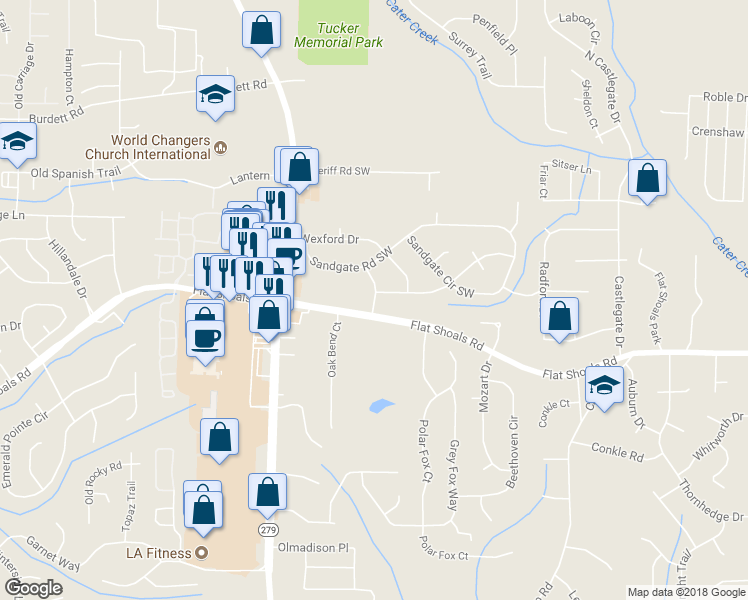 map of restaurants, bars, coffee shops, grocery stores, and more near 6125 Dunbritan Lane in Atlanta