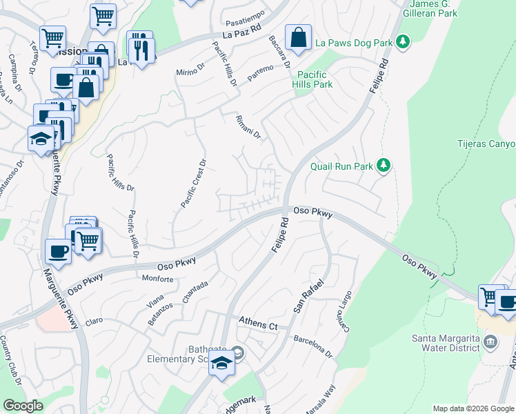map of restaurants, bars, coffee shops, grocery stores, and more near 41 Melrose Drive in Mission Viejo
