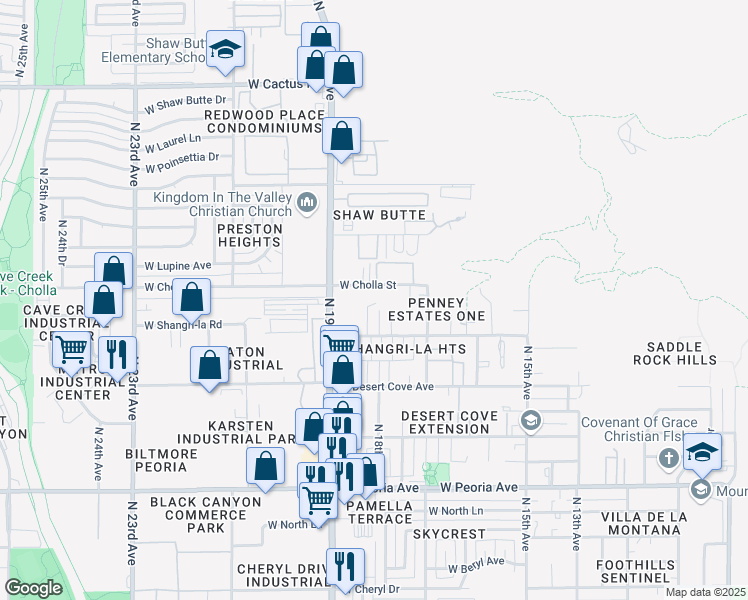 map of restaurants, bars, coffee shops, grocery stores, and more near 1820 West Cholla Street in Phoenix