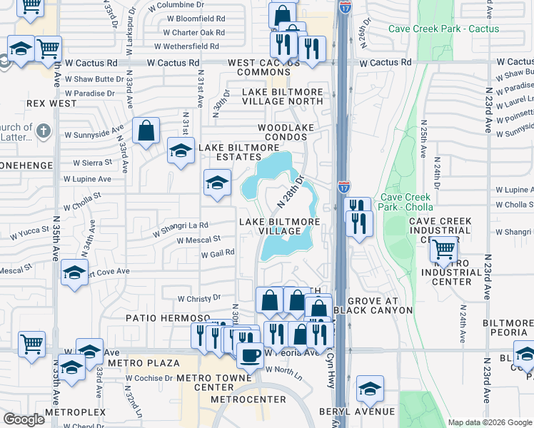 map of restaurants, bars, coffee shops, grocery stores, and more near 11036 North 28th Drive in Phoenix