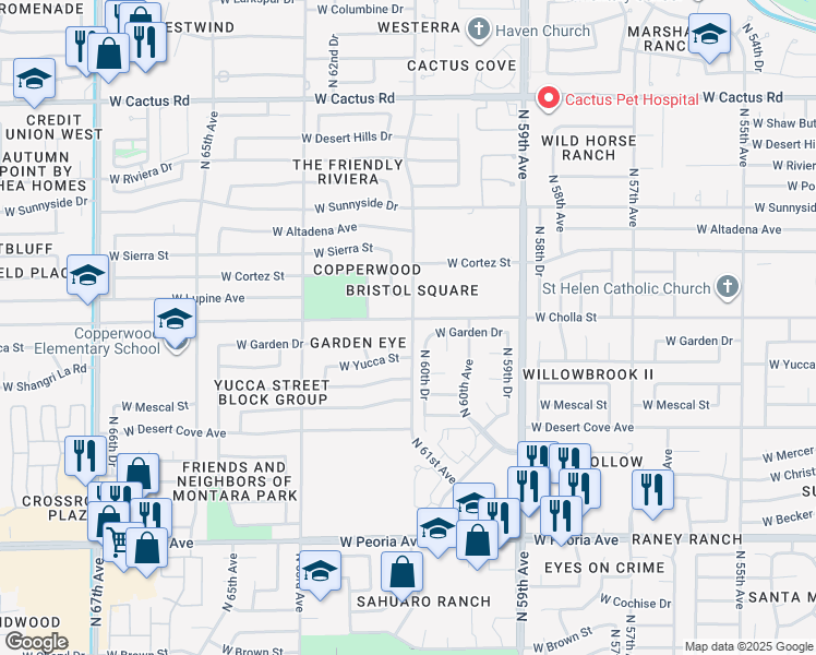 map of restaurants, bars, coffee shops, grocery stores, and more near 6113 West Lupine Avenue in Glendale